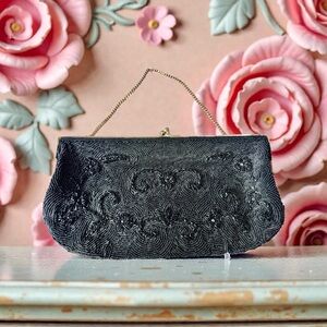 Chic Vintage Handbeaded Black Beaded Evening Clutch
